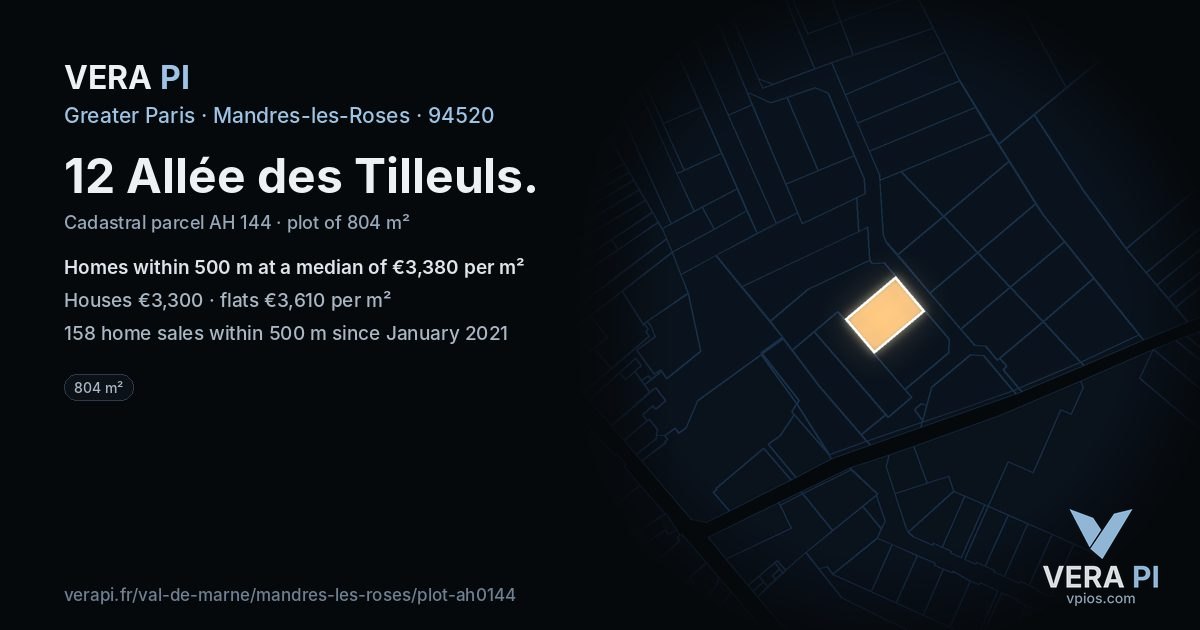 12 Allée des Tilleuls, Mandres-les-Roses at night – the plot lit, the parcels around coloured by the prices near them