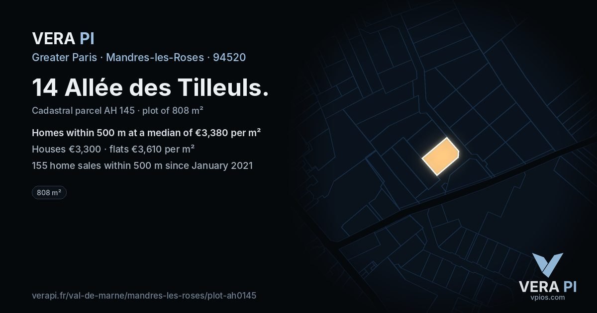 14 Allée des Tilleuls, Mandres-les-Roses at night – the plot lit, the parcels around coloured by the prices near them