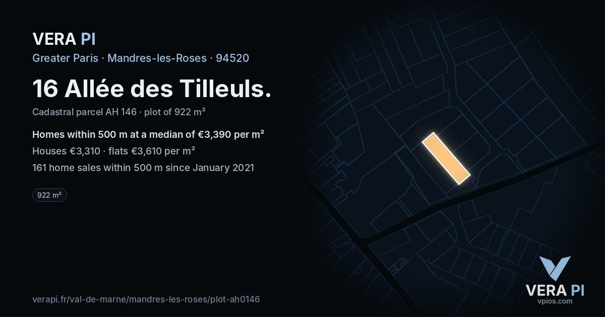 16 Allée des Tilleuls, Mandres-les-Roses at night – the plot lit, the parcels around coloured by the prices near them