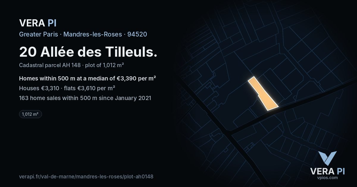 20 Allée des Tilleuls, Mandres-les-Roses at night – the plot lit, the parcels around coloured by the prices near them