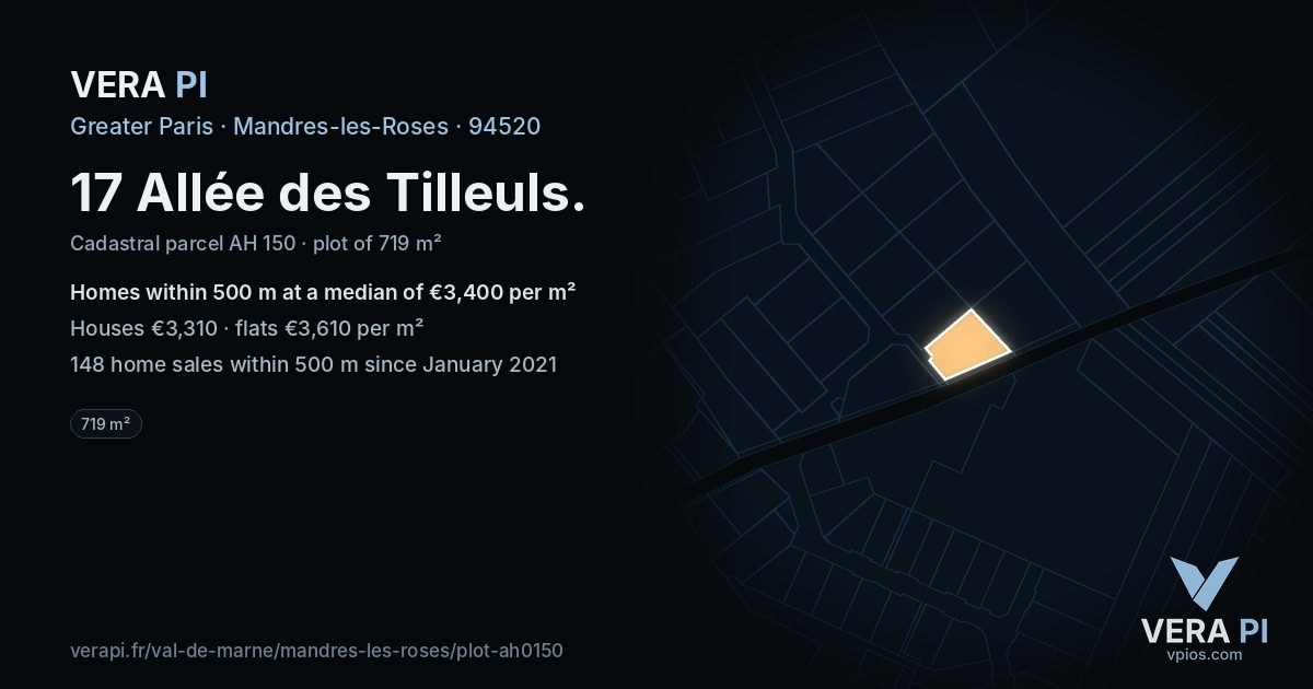 17 Allée des Tilleuls, Mandres-les-Roses at night – the plot lit, the parcels around coloured by the prices near them