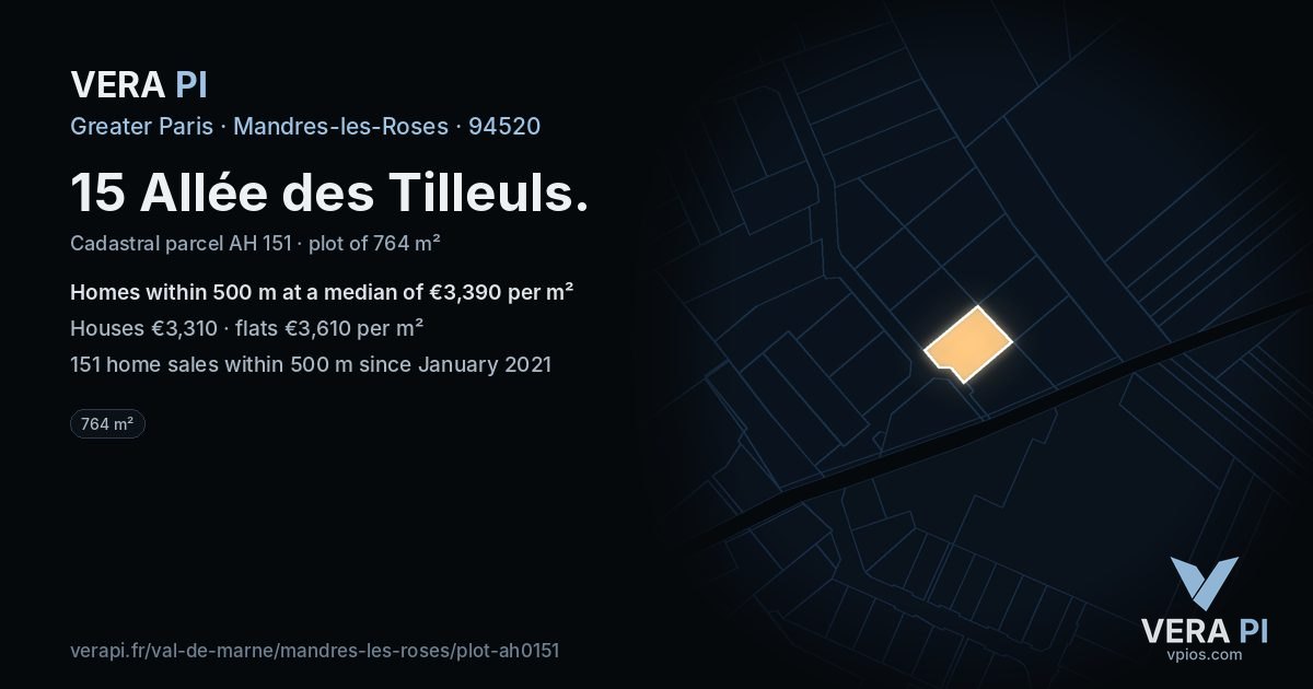 15 Allée des Tilleuls, Mandres-les-Roses at night – the plot lit, the parcels around coloured by the prices near them