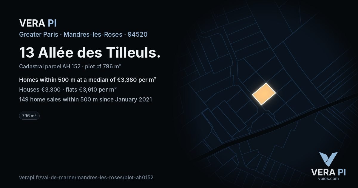 13 Allée des Tilleuls, Mandres-les-Roses at night – the plot lit, the parcels around coloured by the prices near them