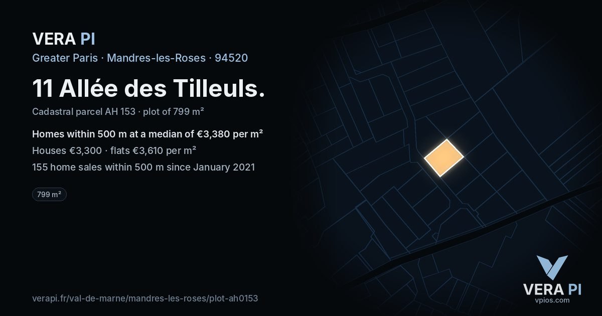11 Allée des Tilleuls, Mandres-les-Roses at night – the plot lit, the parcels around coloured by the prices near them