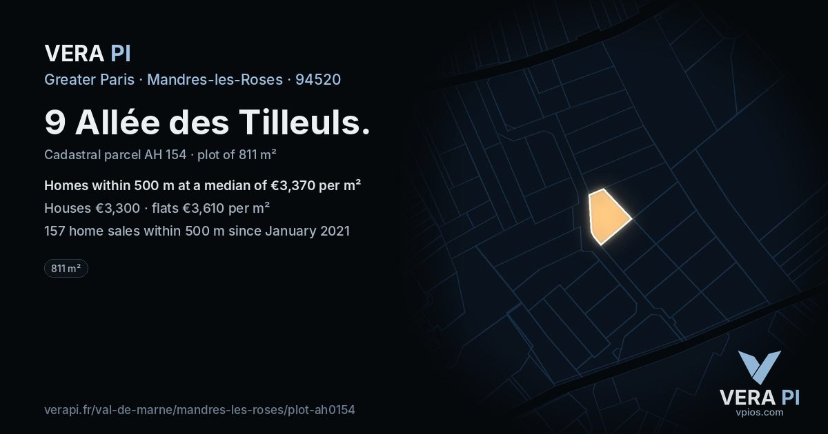9 Allée des Tilleuls, Mandres-les-Roses at night – the plot lit, the parcels around coloured by the prices near them