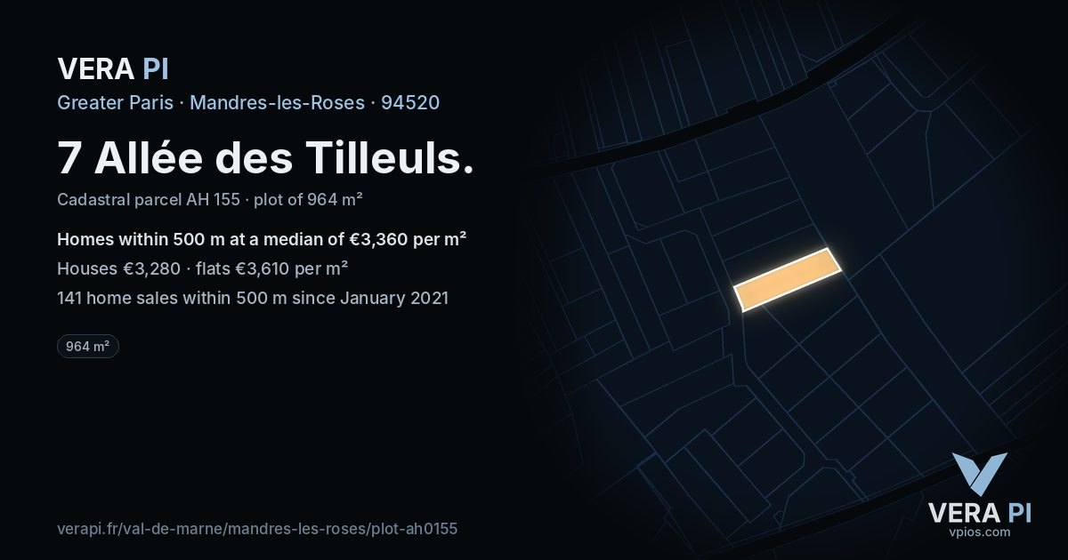7 Allée des Tilleuls, Mandres-les-Roses at night – the plot lit, the parcels around coloured by the prices near them