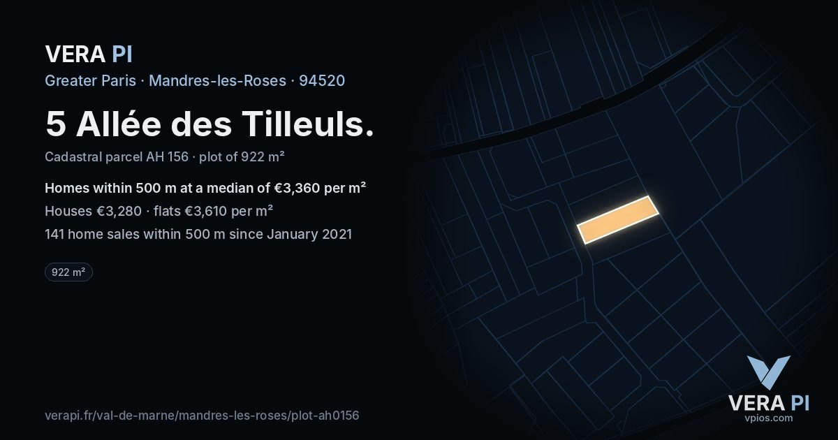 5 Allée des Tilleuls, Mandres-les-Roses at night – the plot lit, the parcels around coloured by the prices near them