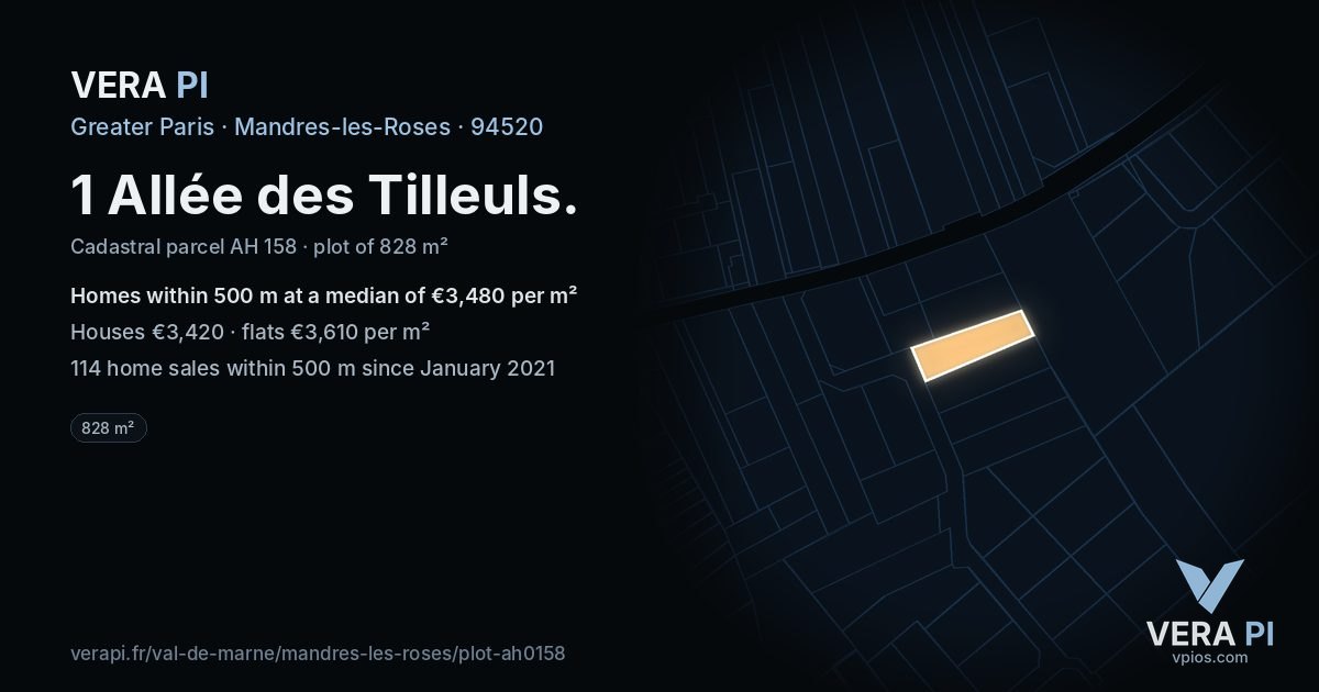 1 Allée des Tilleuls, Mandres-les-Roses at night – the plot lit, the parcels around coloured by the prices near them