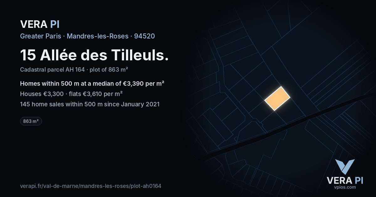 15 Allée des Tilleuls, Mandres-les-Roses at night – the plot lit, the parcels around coloured by the prices near them