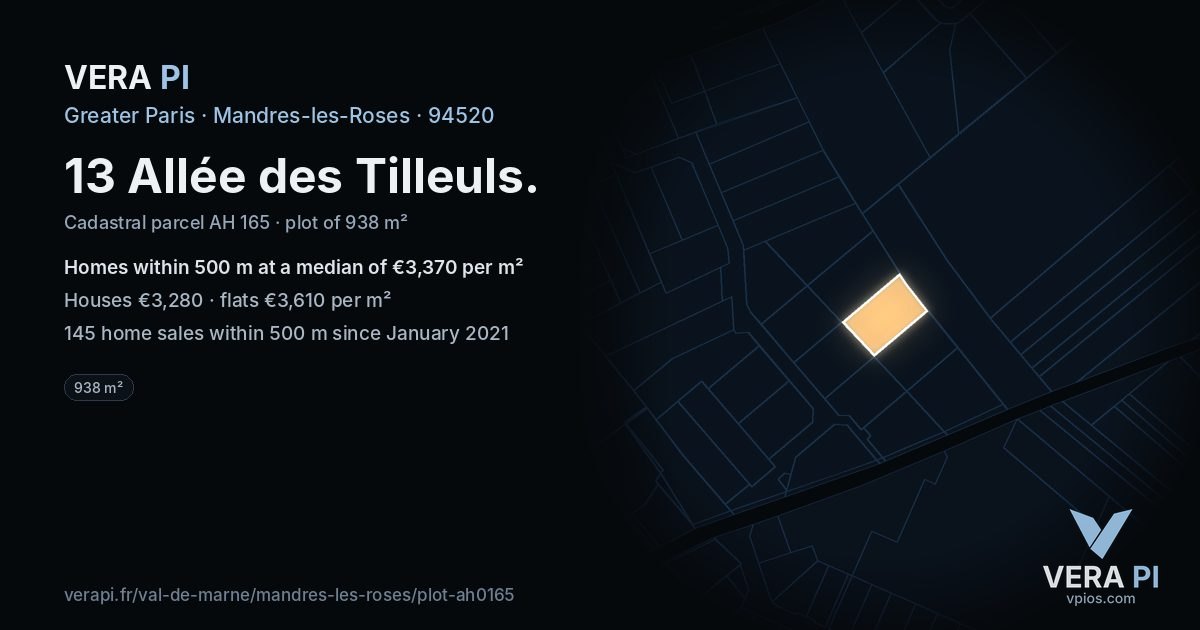13 Allée des Tilleuls, Mandres-les-Roses at night – the plot lit, the parcels around coloured by the prices near them
