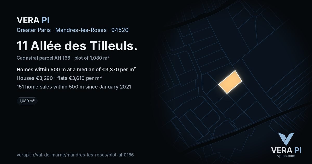 11 Allée des Tilleuls, Mandres-les-Roses at night – the plot lit, the parcels around coloured by the prices near them
