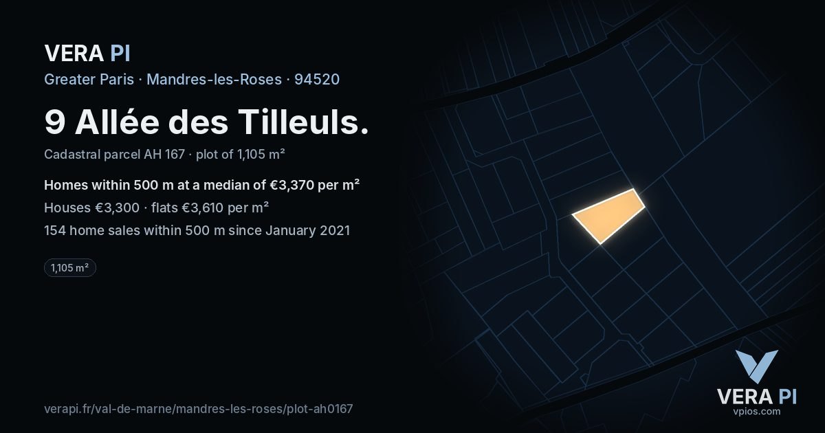 9 Allée des Tilleuls, Mandres-les-Roses at night – the plot lit, the parcels around coloured by the prices near them
