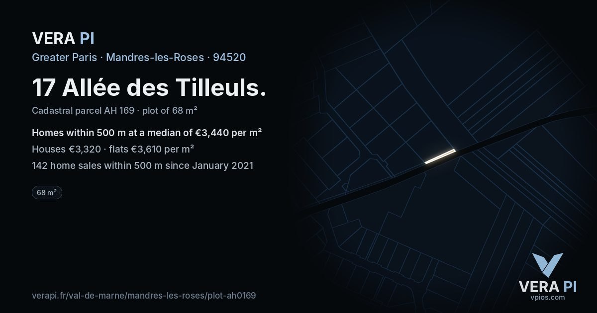 17 Allée des Tilleuls, Mandres-les-Roses at night – the plot lit, the parcels around coloured by the prices near them