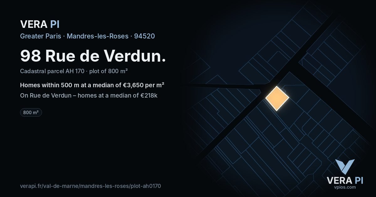 98 Rue de Verdun, Mandres-les-Roses at night – the plot lit, the parcels around coloured by the prices near them