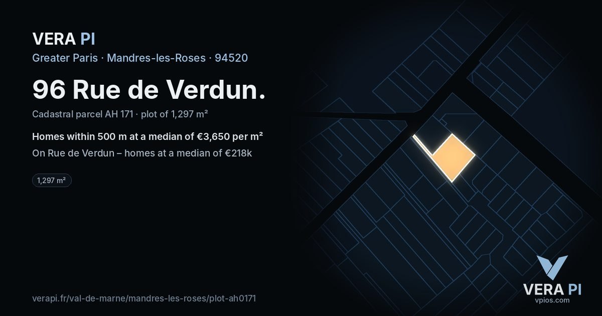 96 Rue de Verdun, Mandres-les-Roses at night – the plot lit, the parcels around coloured by the prices near them