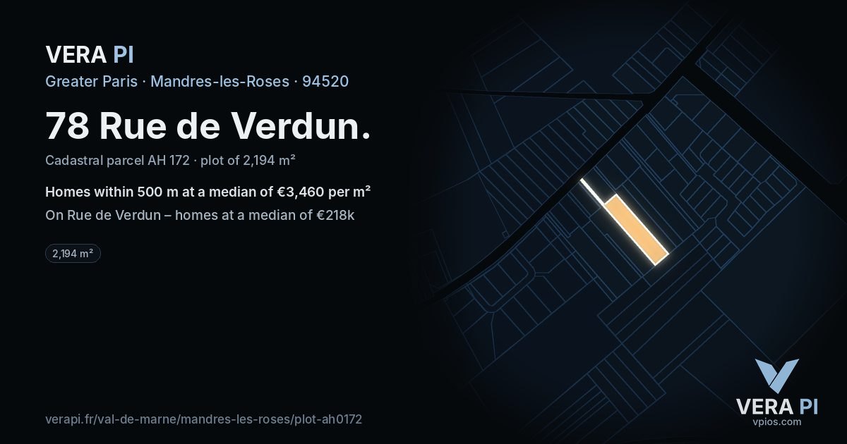 78 Rue de Verdun, Mandres-les-Roses at night – the plot lit, the parcels around coloured by the prices near them
