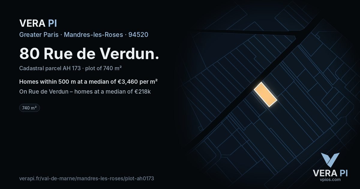 80 Rue de Verdun, Mandres-les-Roses at night – the plot lit, the parcels around coloured by the prices near them