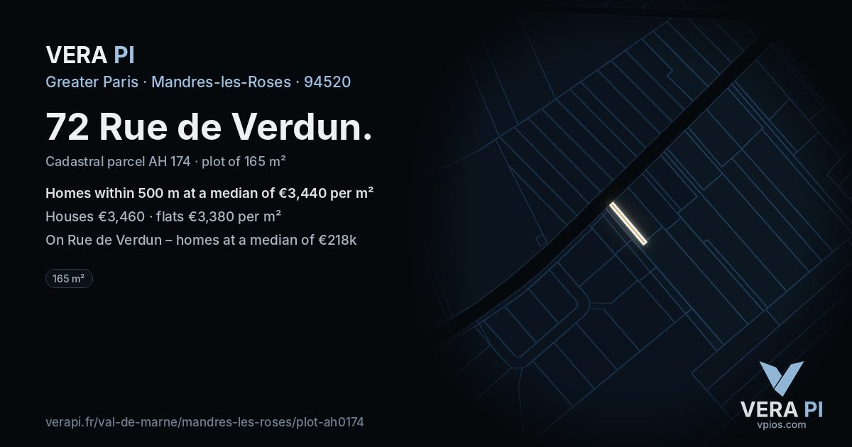 72 Rue de Verdun, Mandres-les-Roses at night – the plot lit, the parcels around coloured by the prices near them