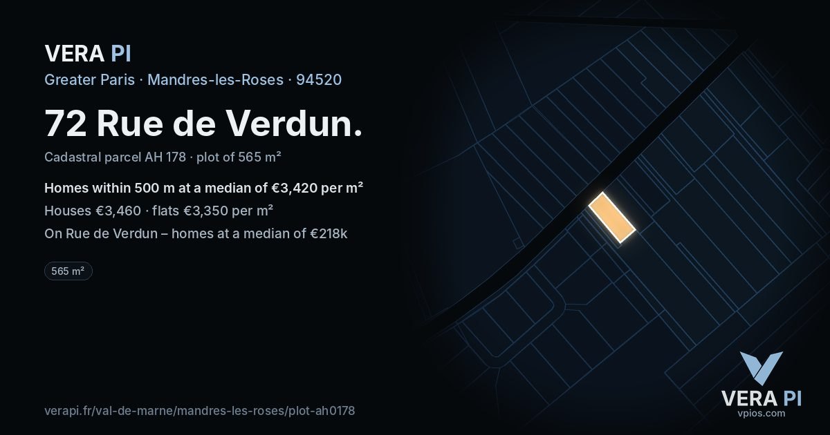 72 Rue de Verdun, Mandres-les-Roses at night – the plot lit, the parcels around coloured by the prices near them