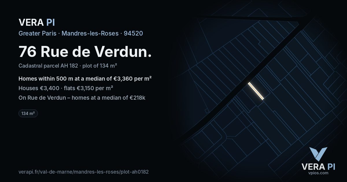 76 Rue de Verdun, Mandres-les-Roses at night – the plot lit, the parcels around coloured by the prices near them