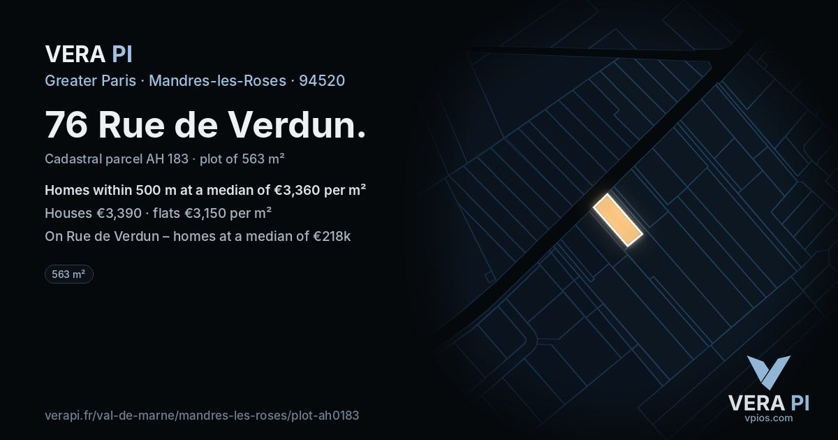 76 Rue de Verdun, Mandres-les-Roses at night – the plot lit, the parcels around coloured by the prices near them