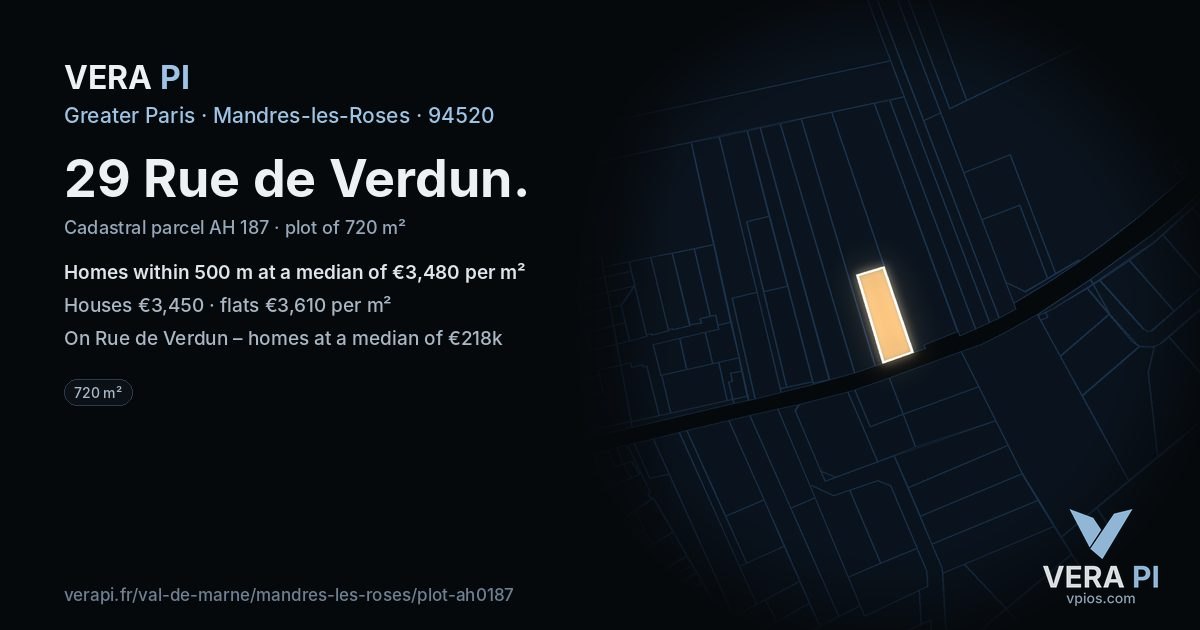 29 Rue de Verdun, Mandres-les-Roses at night – the plot lit, the parcels around coloured by the prices near them