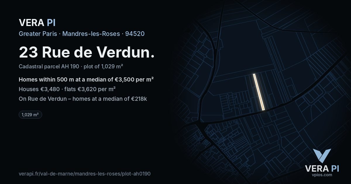 23 Rue de Verdun, Mandres-les-Roses at night – the plot lit, the parcels around coloured by the prices near them