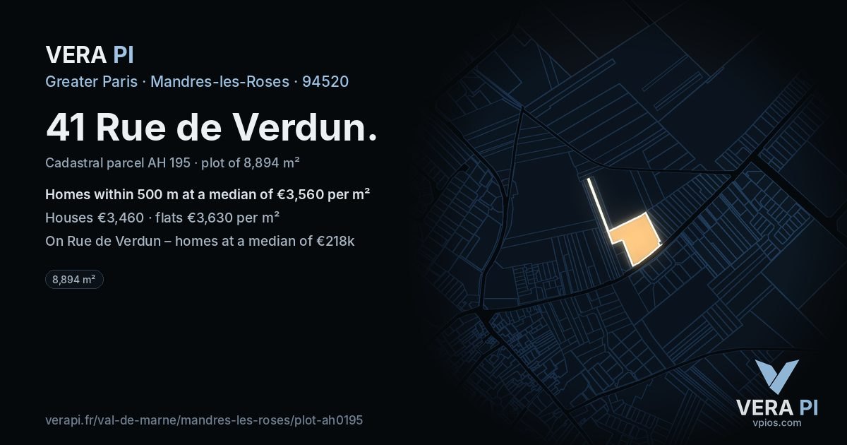 41 Rue de Verdun, Mandres-les-Roses at night – the plot lit, the parcels around coloured by the prices near them