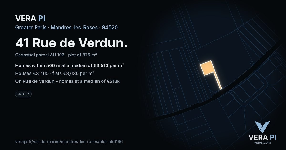 41 Rue de Verdun, Mandres-les-Roses at night – the plot lit, the parcels around coloured by the prices near them