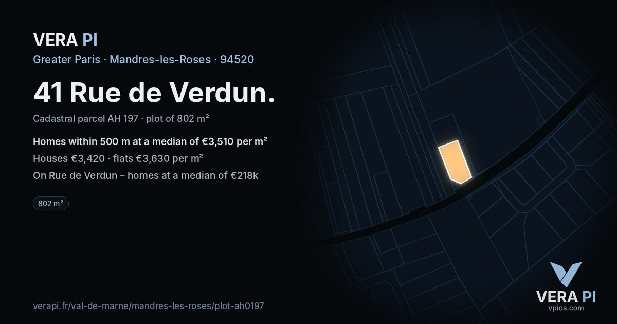 41 Rue de Verdun, Mandres-les-Roses at night – the plot lit, the parcels around coloured by the prices near them