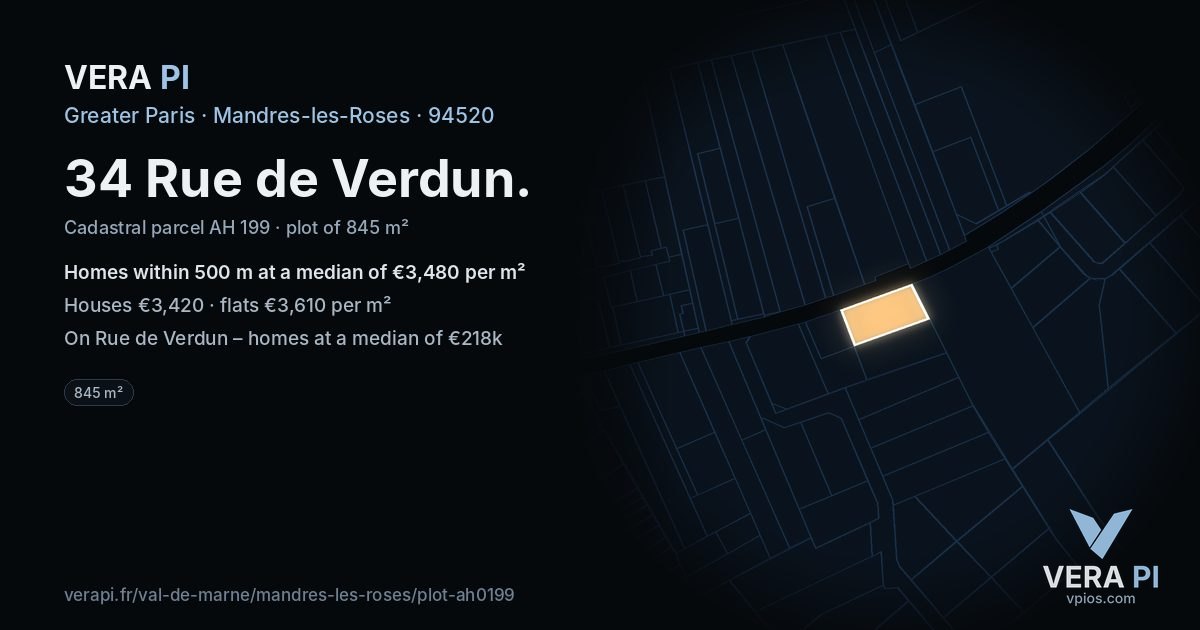 34 Rue de Verdun, Mandres-les-Roses at night – the plot lit, the parcels around coloured by the prices near them