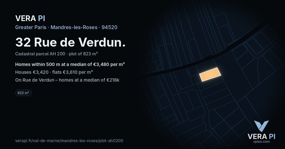 32 Rue de Verdun, Mandres-les-Roses at night – the plot lit, the parcels around coloured by the prices near them