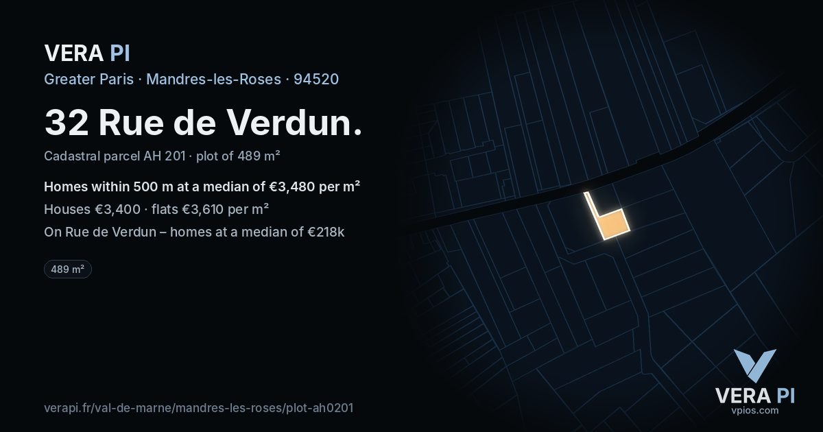 32 Rue de Verdun, Mandres-les-Roses at night – the plot lit, the parcels around coloured by the prices near them