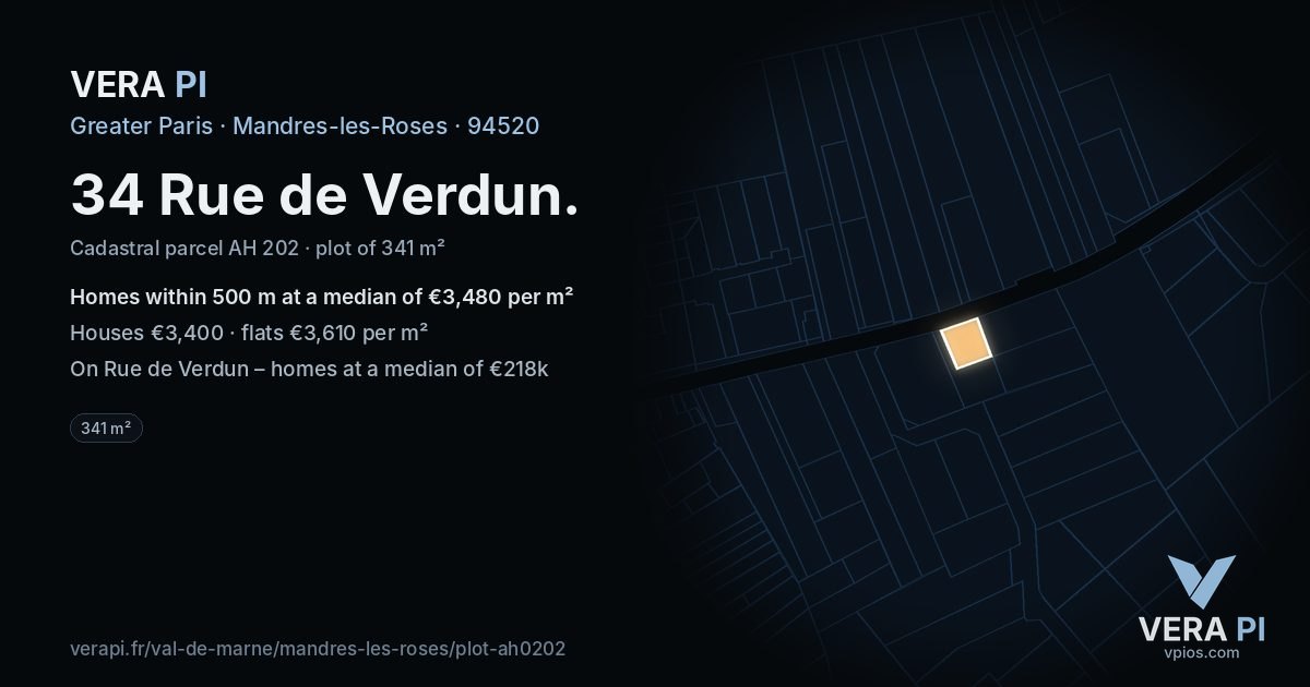 34 Rue de Verdun, Mandres-les-Roses at night – the plot lit, the parcels around coloured by the prices near them