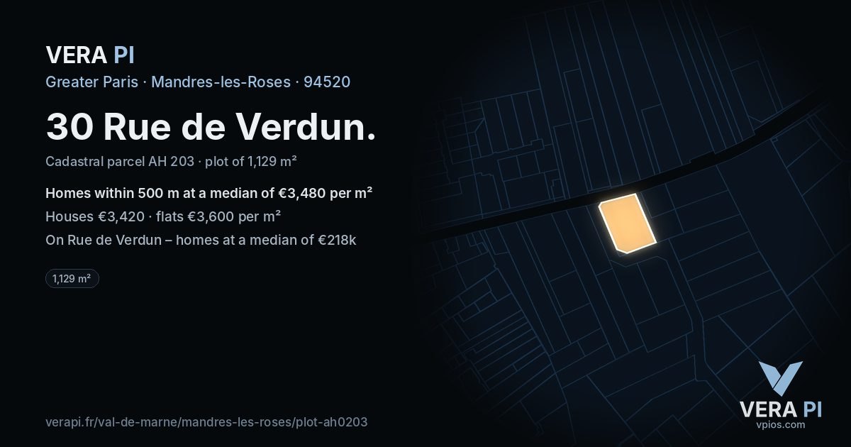 30 Rue de Verdun, Mandres-les-Roses at night – the plot lit, the parcels around coloured by the prices near them
