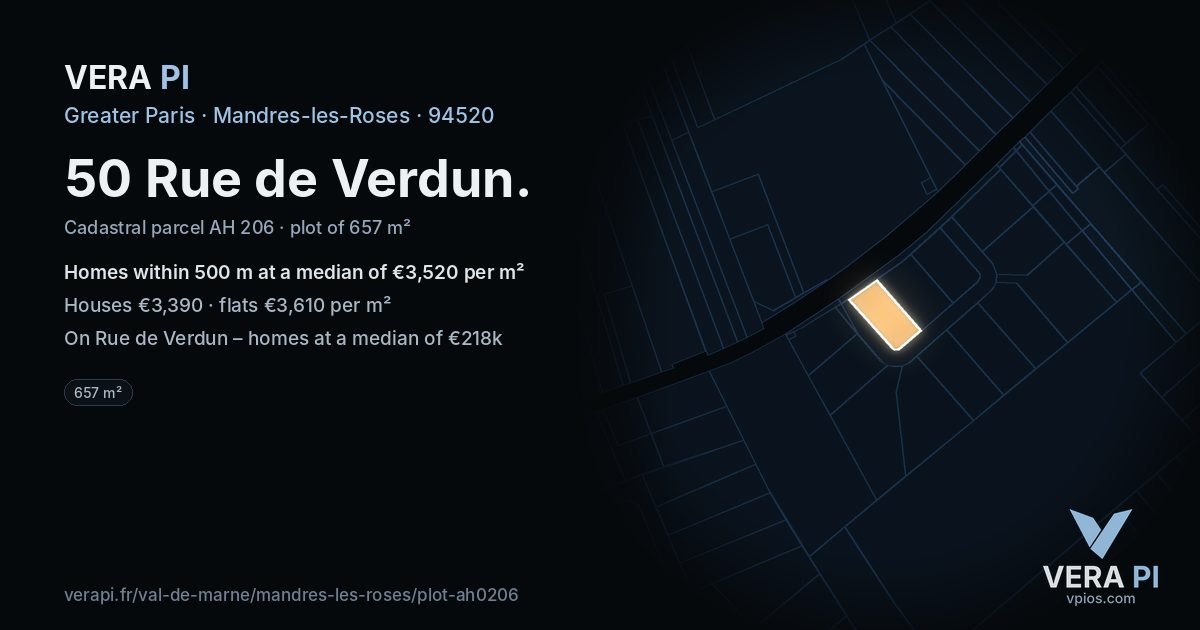 50 Rue de Verdun, Mandres-les-Roses at night – the plot lit, the parcels around coloured by the prices near them