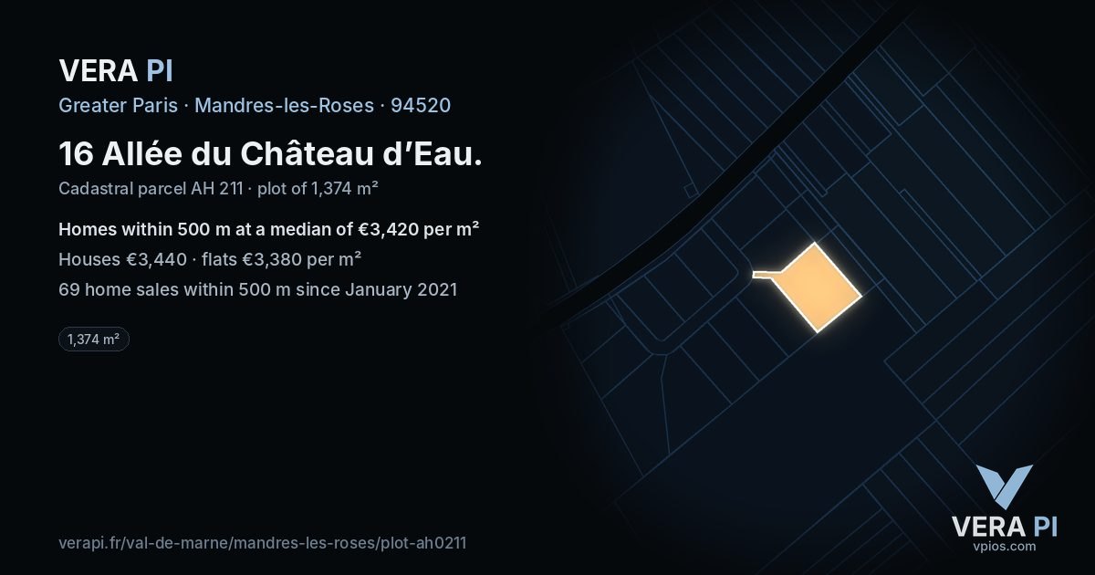 16 Allée du Château d’Eau, Mandres-les-Roses at night – the plot lit, the parcels around coloured by the prices near them