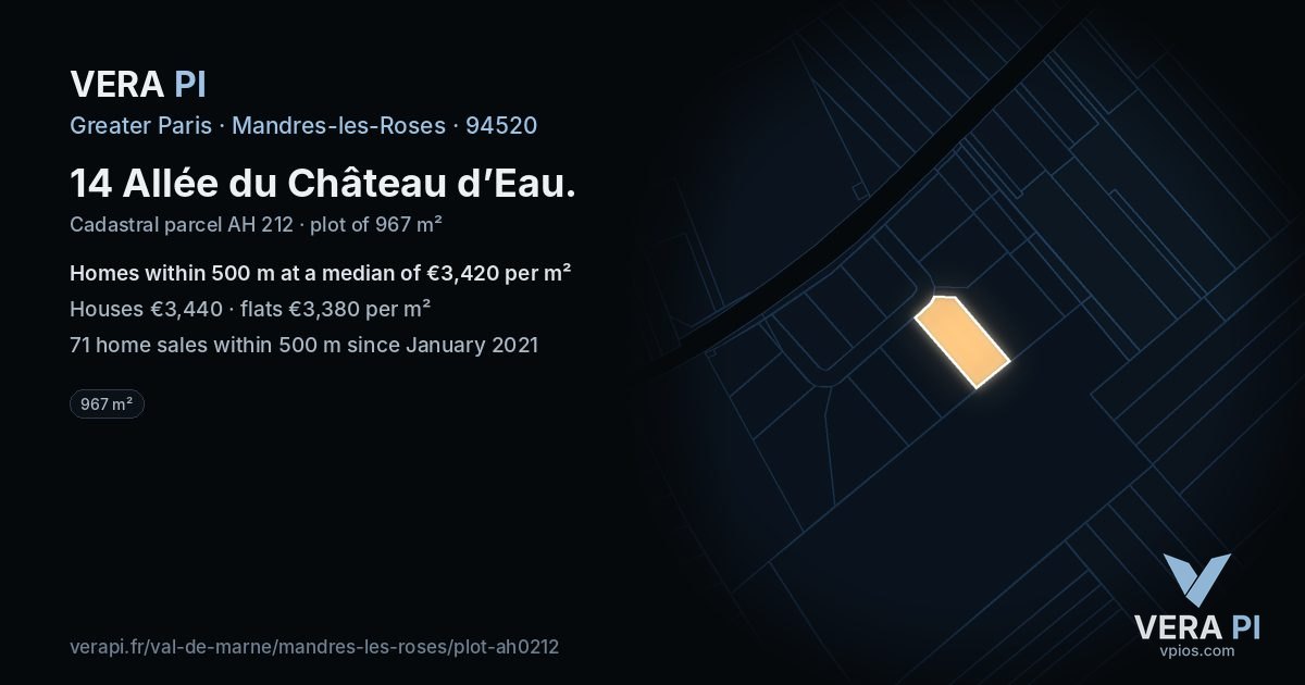 14 Allée du Château d’Eau, Mandres-les-Roses at night – the plot lit, the parcels around coloured by the prices near them