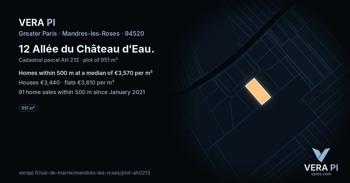 12 Allée du Château d’Eau, Mandres-les-Roses at night – the plot lit, the parcels around coloured by the prices near them
