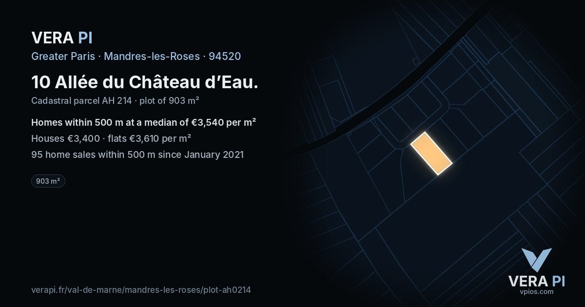 10 Allée du Château d’Eau, Mandres-les-Roses at night – the plot lit, the parcels around coloured by the prices near them