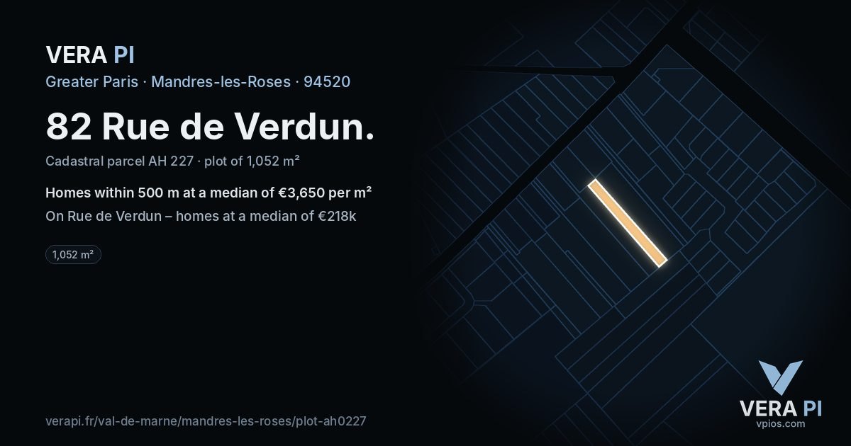 82 Rue de Verdun, Mandres-les-Roses at night – the plot lit, the parcels around coloured by the prices near them