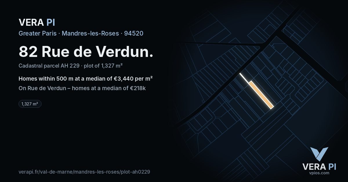 82 Rue de Verdun, Mandres-les-Roses at night – the plot lit, the parcels around coloured by the prices near them