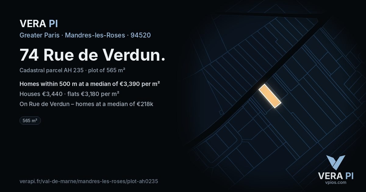 74 Rue de Verdun, Mandres-les-Roses at night – the plot lit, the parcels around coloured by the prices near them