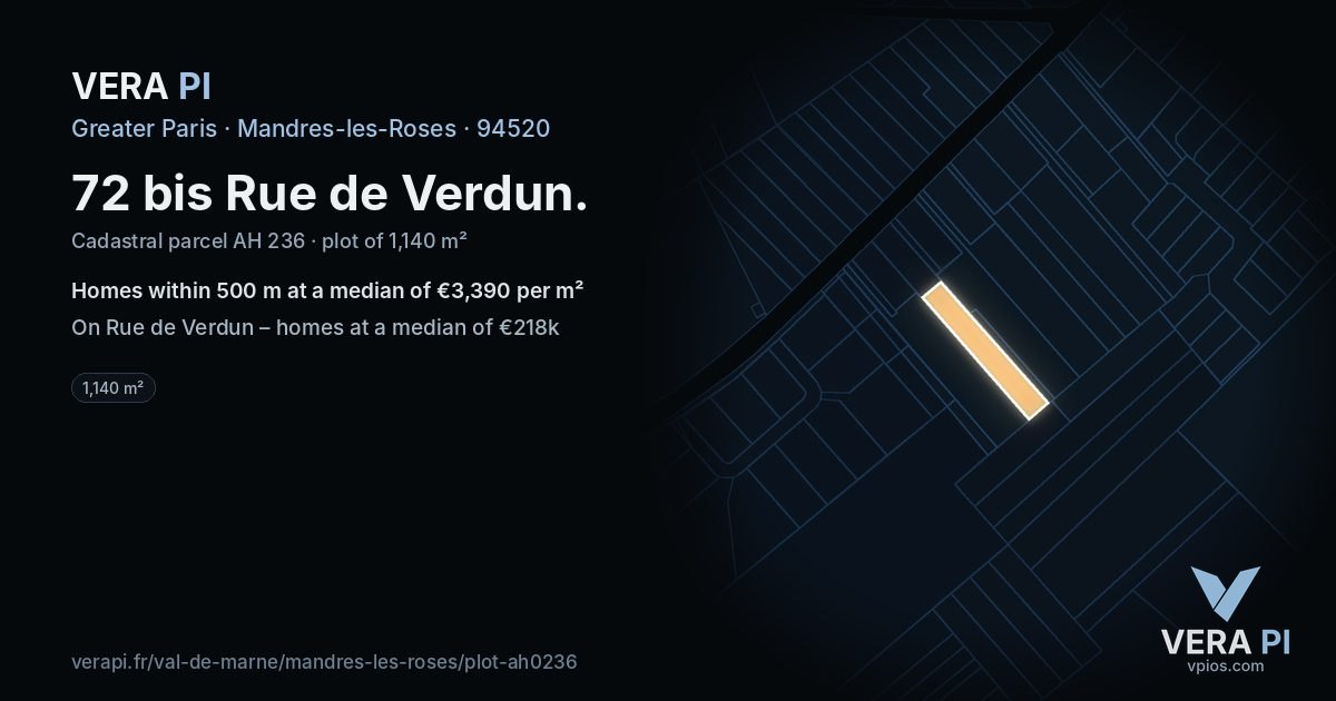 72 bis Rue de Verdun, Mandres-les-Roses at night – the plot lit, the parcels around coloured by the prices near them