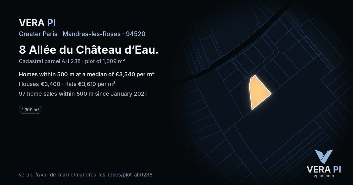 8 Allée du Château d’Eau, Mandres-les-Roses at night – the plot lit, the parcels around coloured by the prices near them