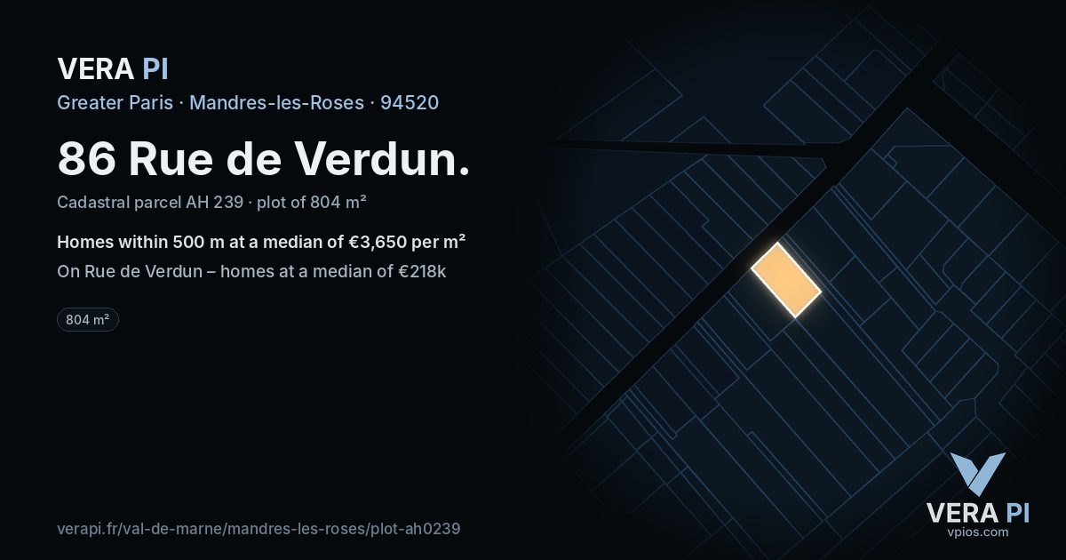86 Rue de Verdun, Mandres-les-Roses at night – the plot lit, the parcels around coloured by the prices near them