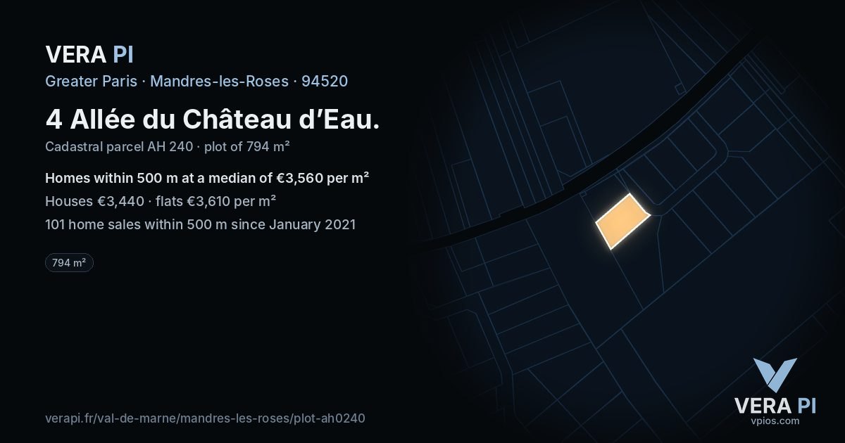 4 Allée du Château d’Eau, Mandres-les-Roses at night – the plot lit, the parcels around coloured by the prices near them