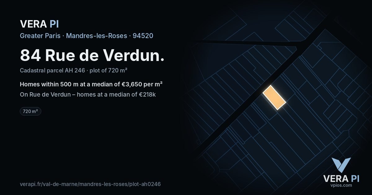 84 Rue de Verdun, Mandres-les-Roses at night – the plot lit, the parcels around coloured by the prices near them
