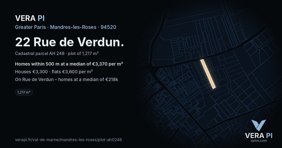 22 Rue de Verdun, Mandres-les-Roses at night – the plot lit, the parcels around coloured by the prices near them