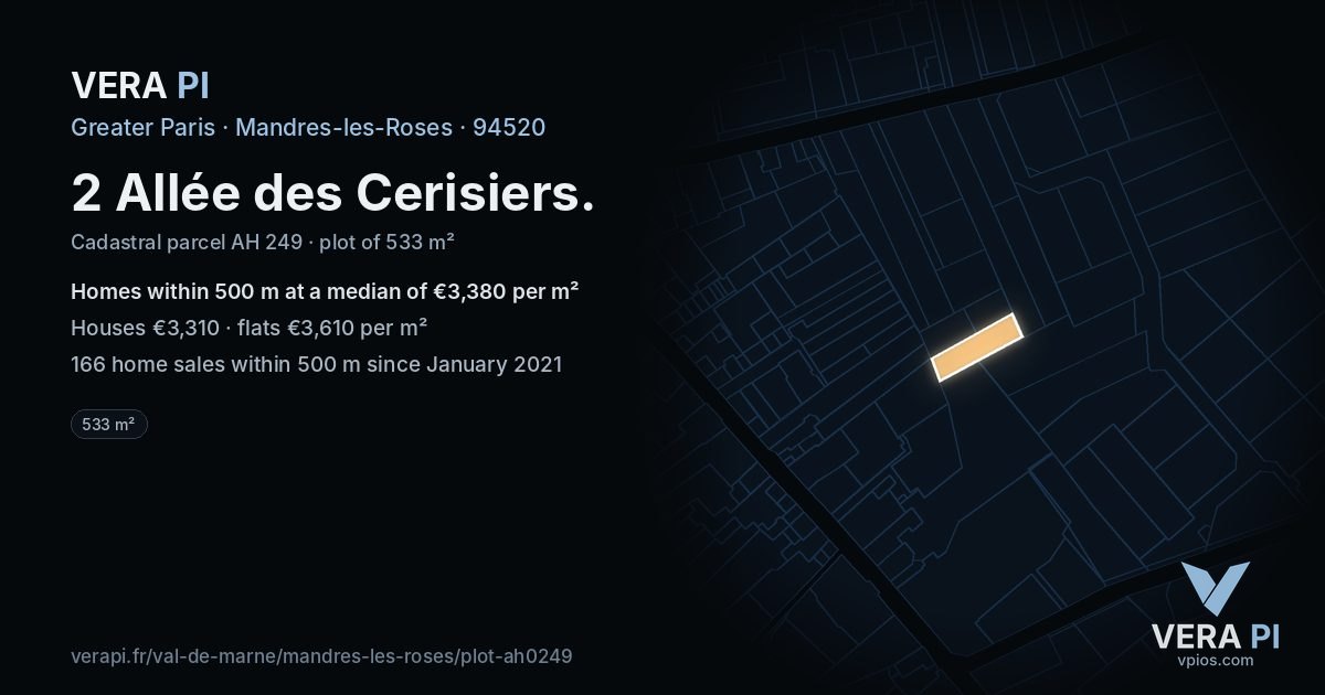 2 Allée des Cerisiers, Mandres-les-Roses at night – the plot lit, the parcels around coloured by the prices near them